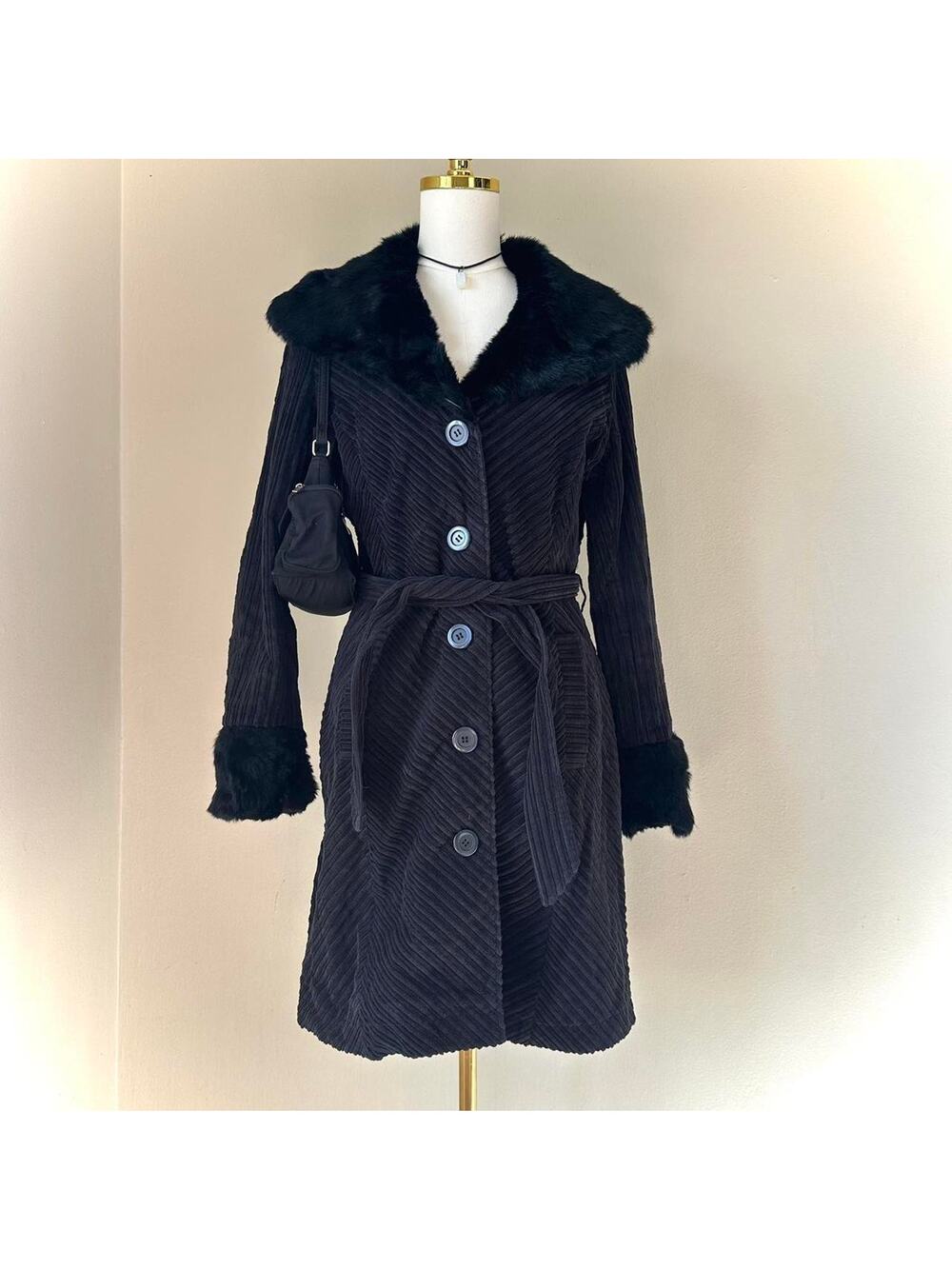 Arden B Fur Long Coat Women's Medium Black Textured Y2K McBling Vintage